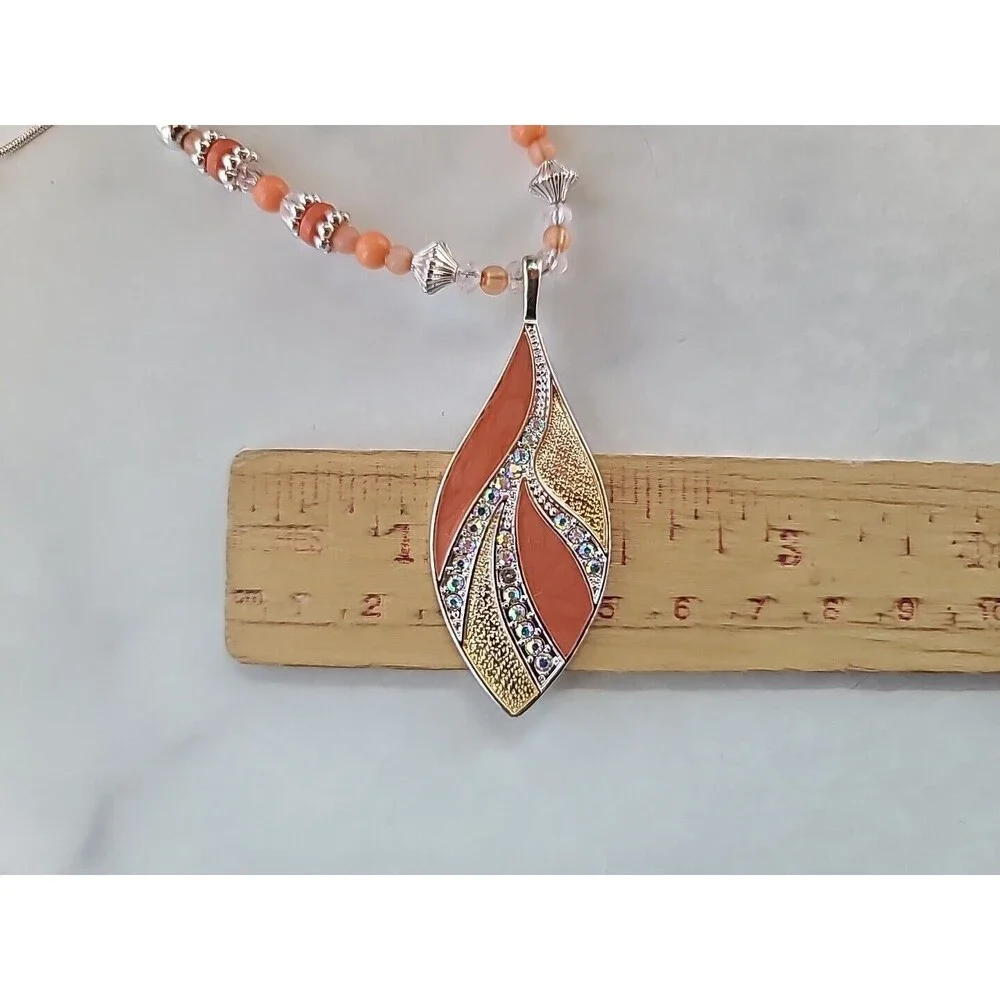 Salmon Enamel Rhinestone Beaded Leaf Pendant Adjustable Necklace